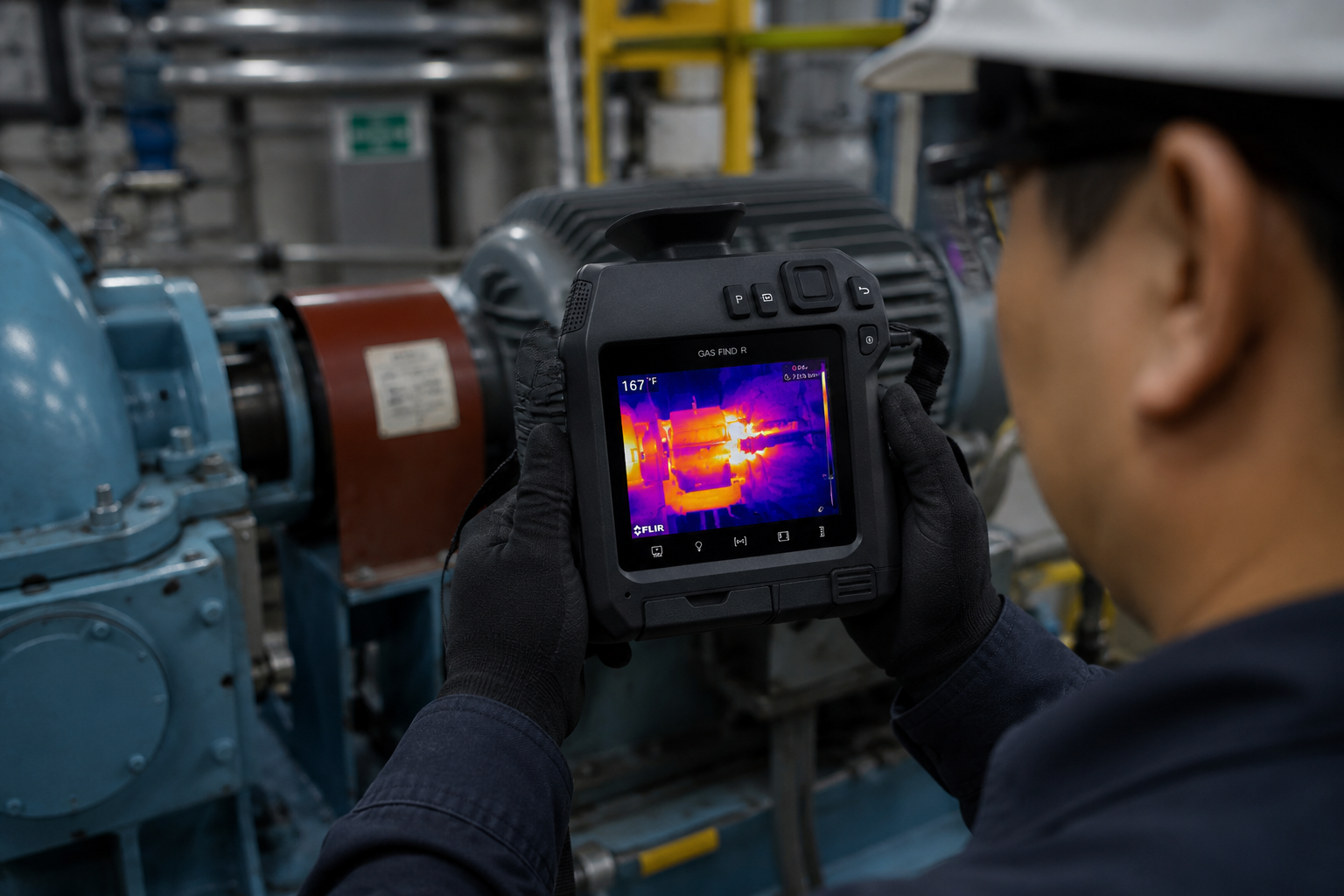 Ingeniero usando cámara FLIR de detección óptica de gases en motor industrial