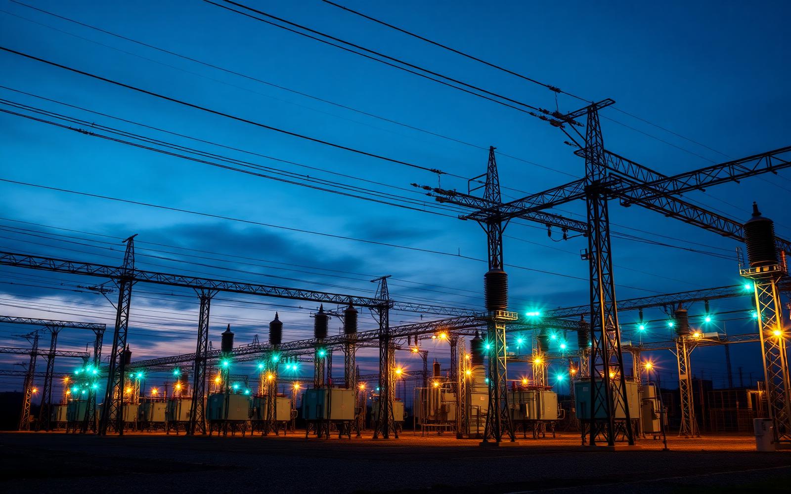 Subestación eléctrica industrial al atardecer